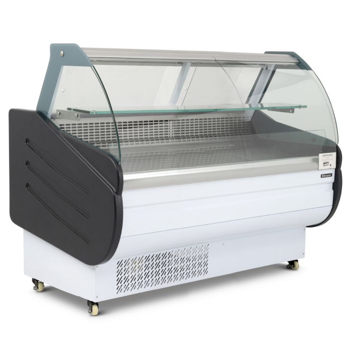 BLIZZARD 1.3m refrigerated serve over counter with a curved glass canopy, stainless steel display deck, and LED lighting for optimal product presentation